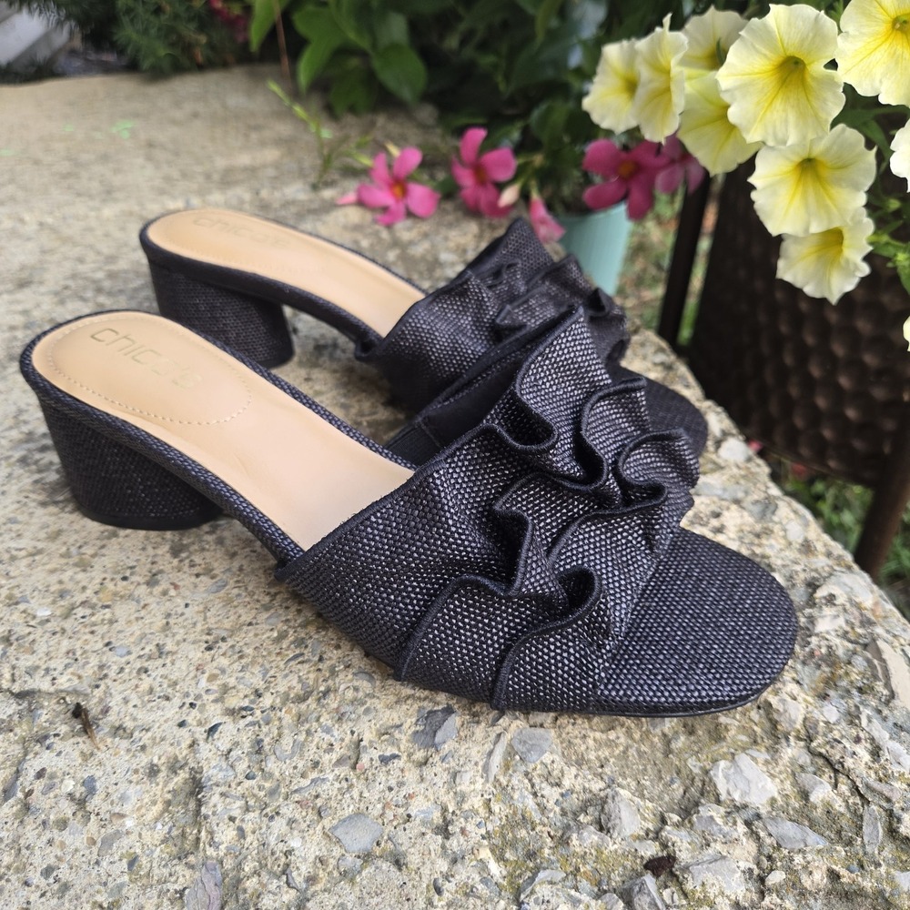 Chico's Women's Whitney Raffia Ruffled Sandal Heel Shoes 9.5 Classic Black